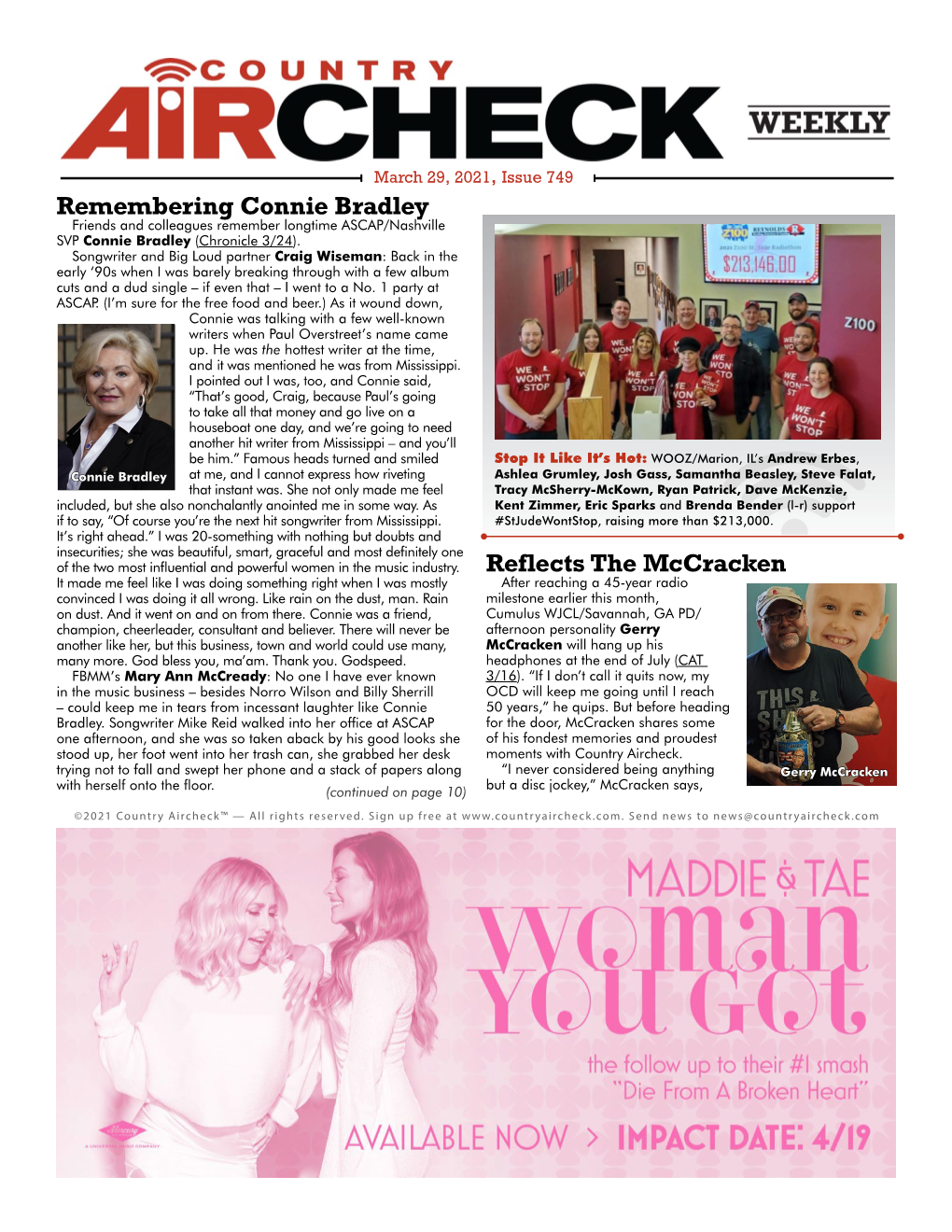 Issue 749 Remembering Connie Bradley Friends and Colleagues Remember Longtime ASCAP/Nashville SVP Connie Bradley (Chronicle 3/24)