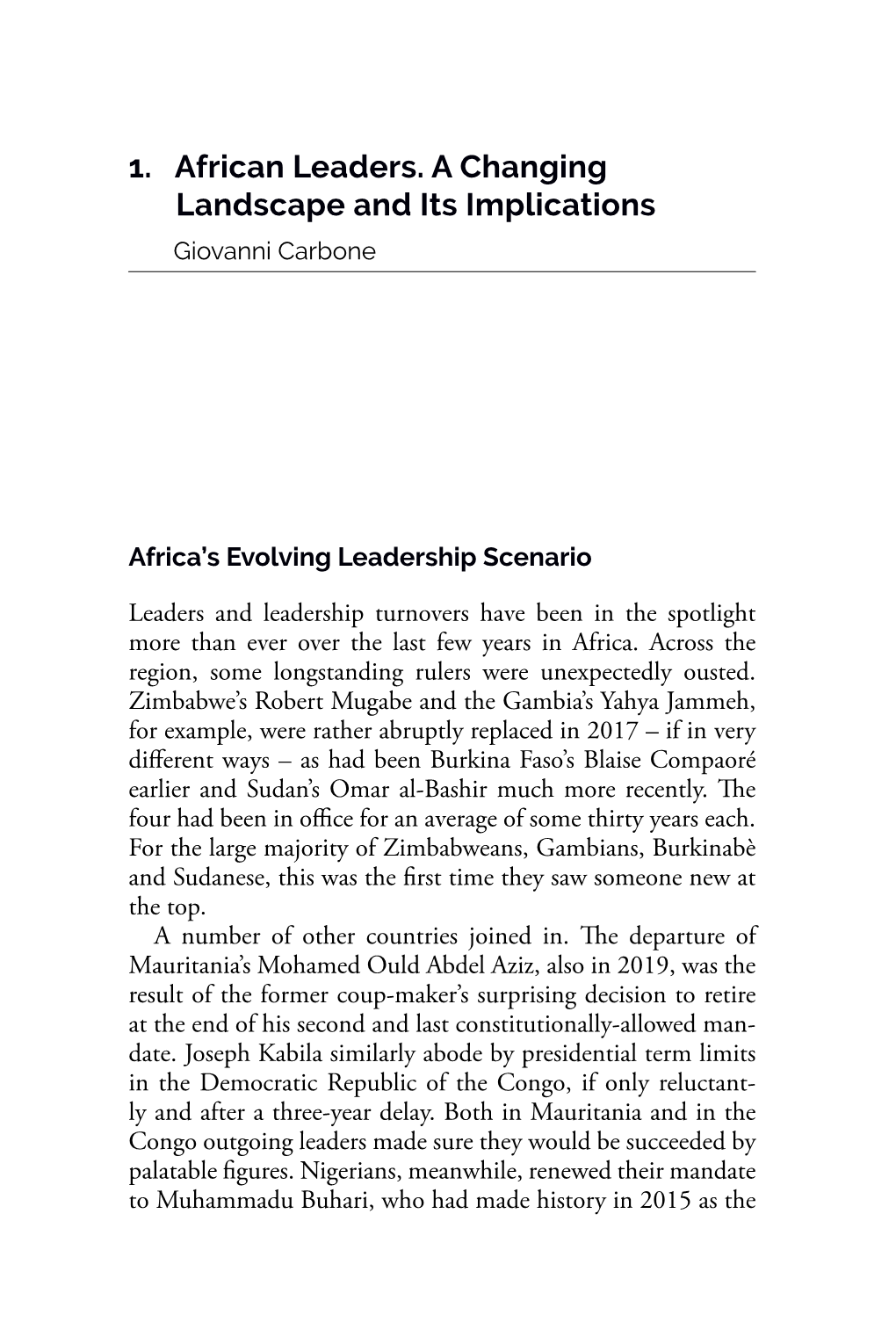 1. African Leaders. a Changing Landscape and Its Implications Giovanni Carbone