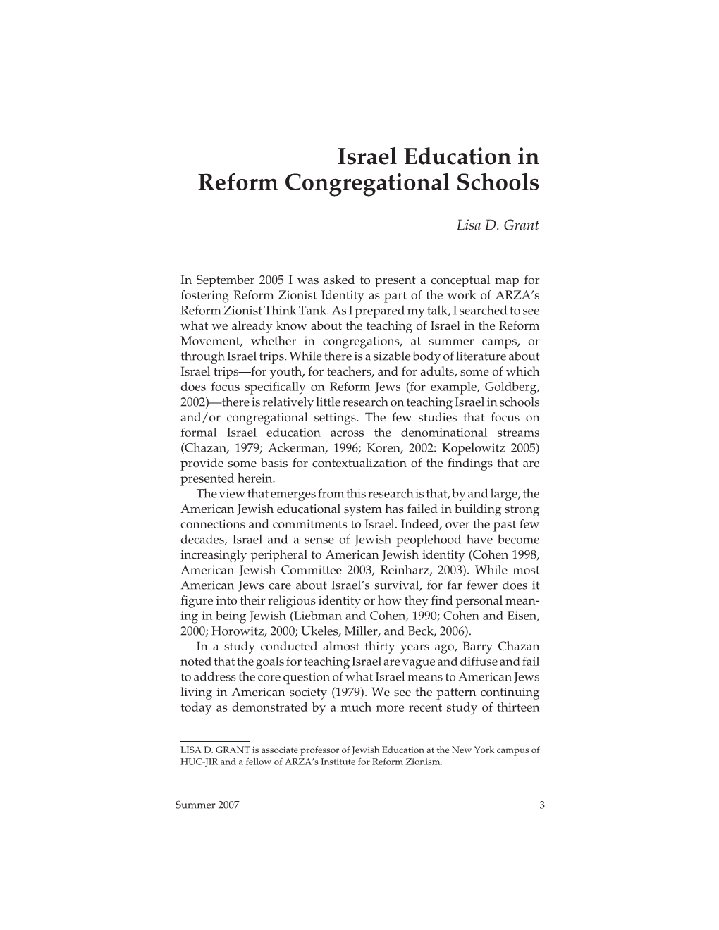 Israel Education in Reform Congregational Schools