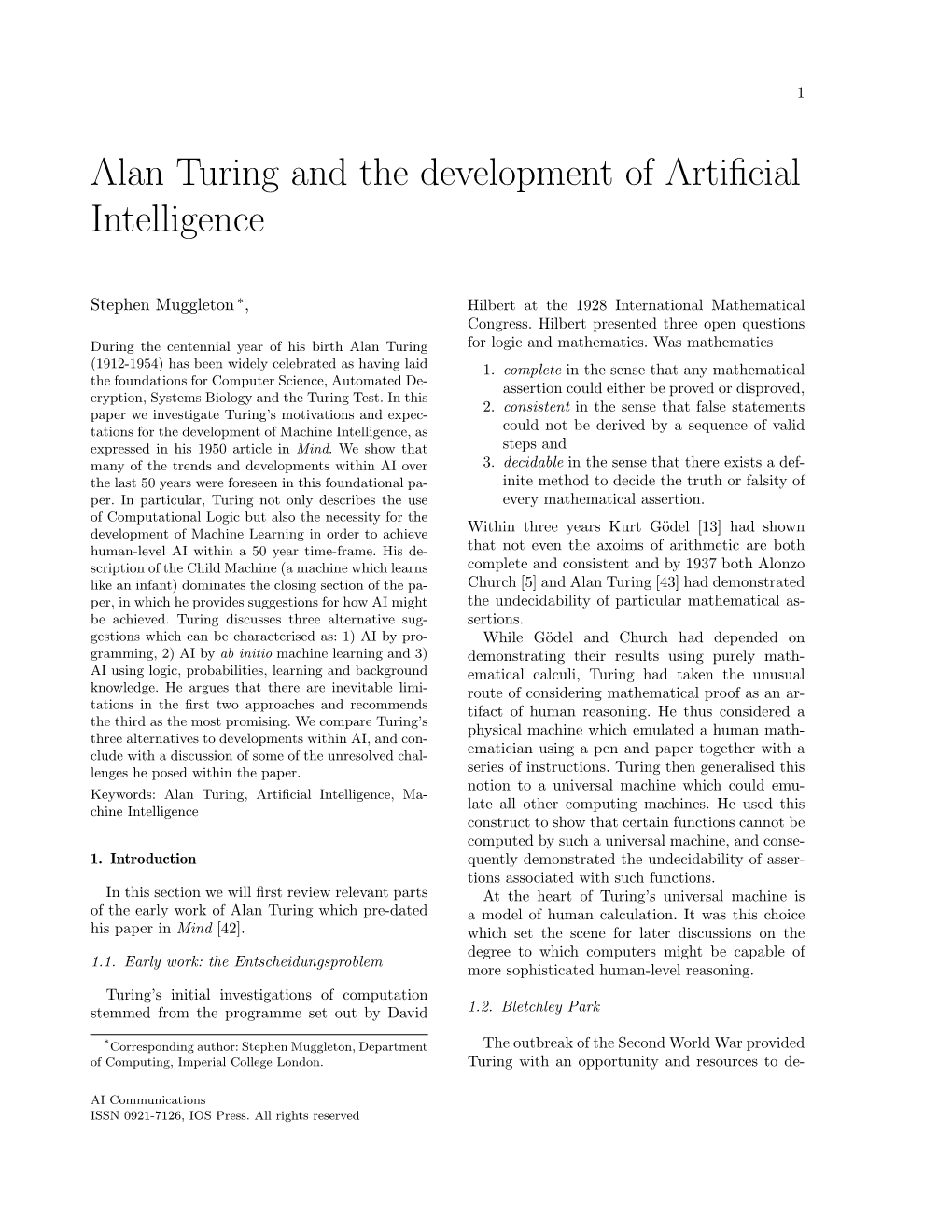 Alan Turing and the Development of Artificial Intelligence