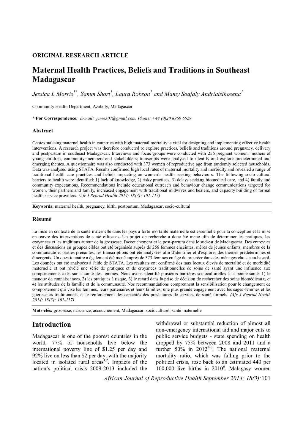 Maternal Health Practices, Beliefs and Traditions in Southeast Madagascar