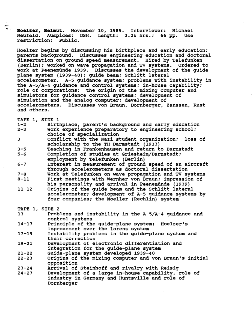 Peenemunde Interviews Project: Helmut Hoelzer 11/10/1989