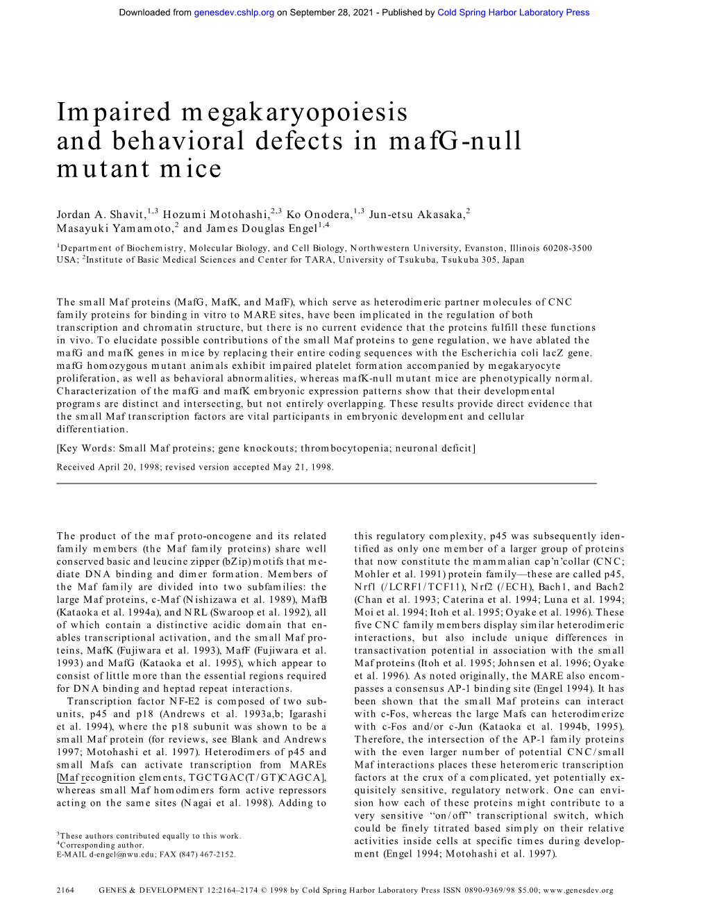 Impaired Megakaryopoiesis and Behavioral Defects in Mafg-Null Mutant Mice