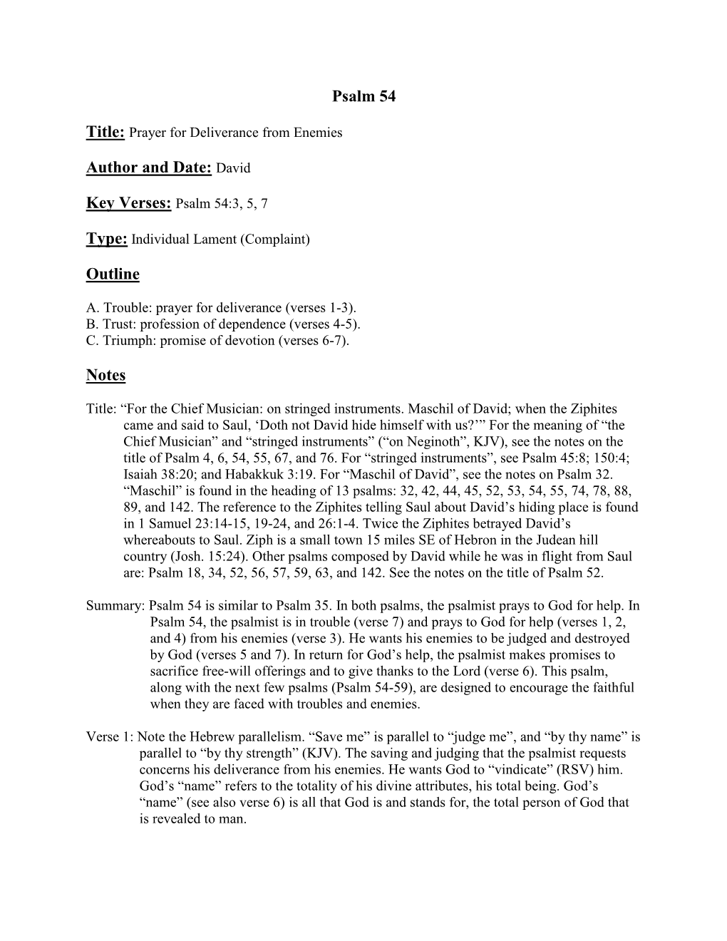 Psalm 54 Author and Date: David Outline Notes