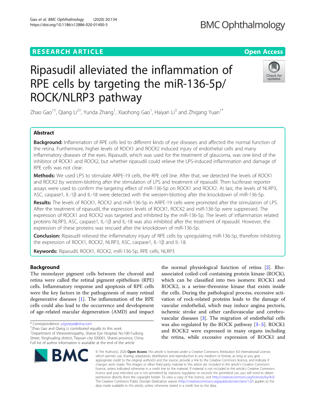 Ripasudil Alleviated the Inflammation of RPE Cells by Targeting the Mir-136-5P/ROCK/NLRP3 Pathway