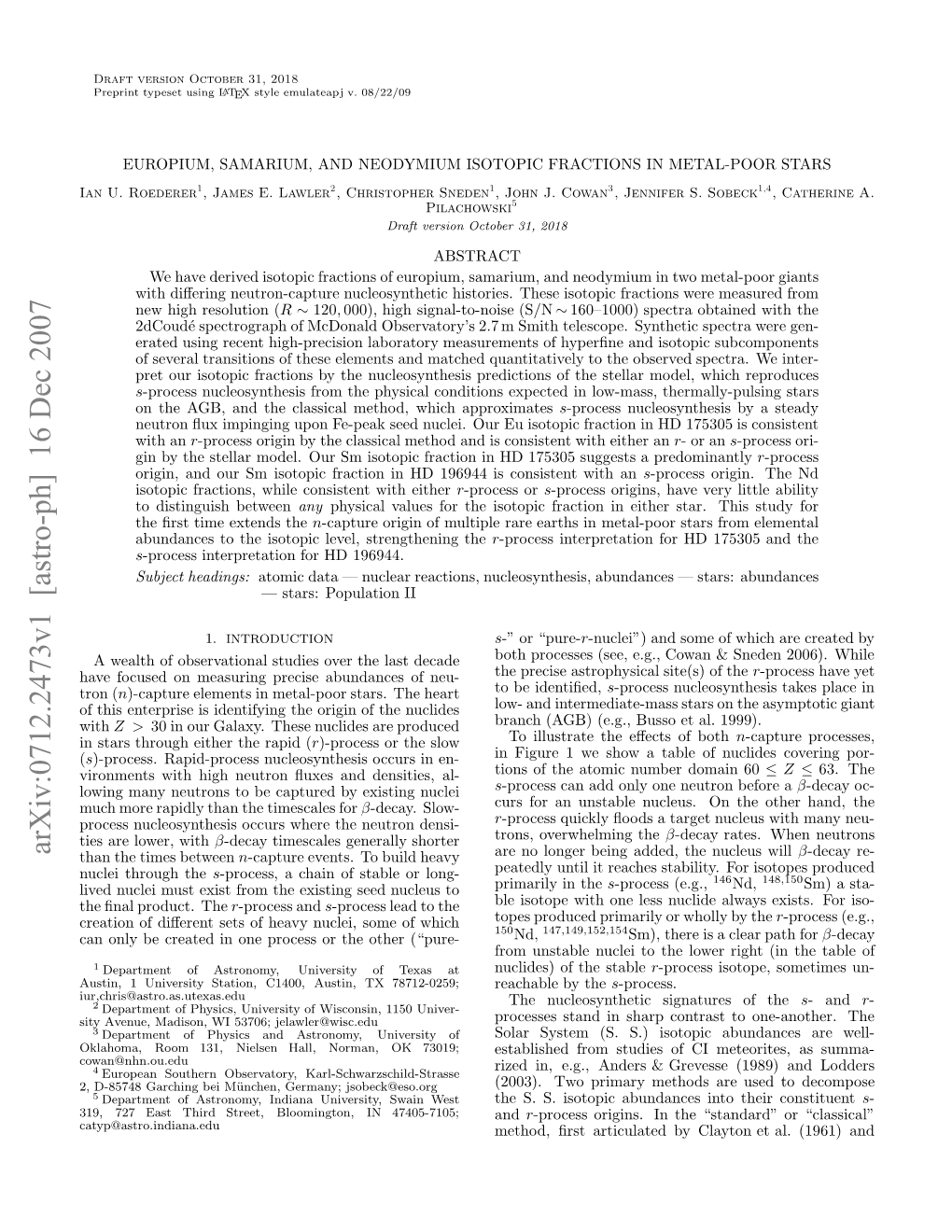 Europium, Samarium, and Neodymium Isotopic Fractions in Metal-Poor Stars