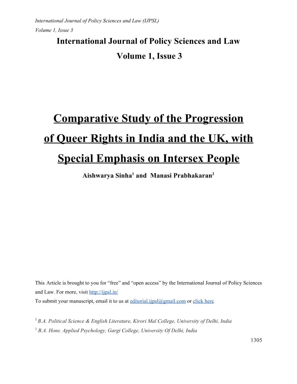 Comparative Study of the Progression of Queer Rights in India and the UK, with Special Emphasis on Intersex People