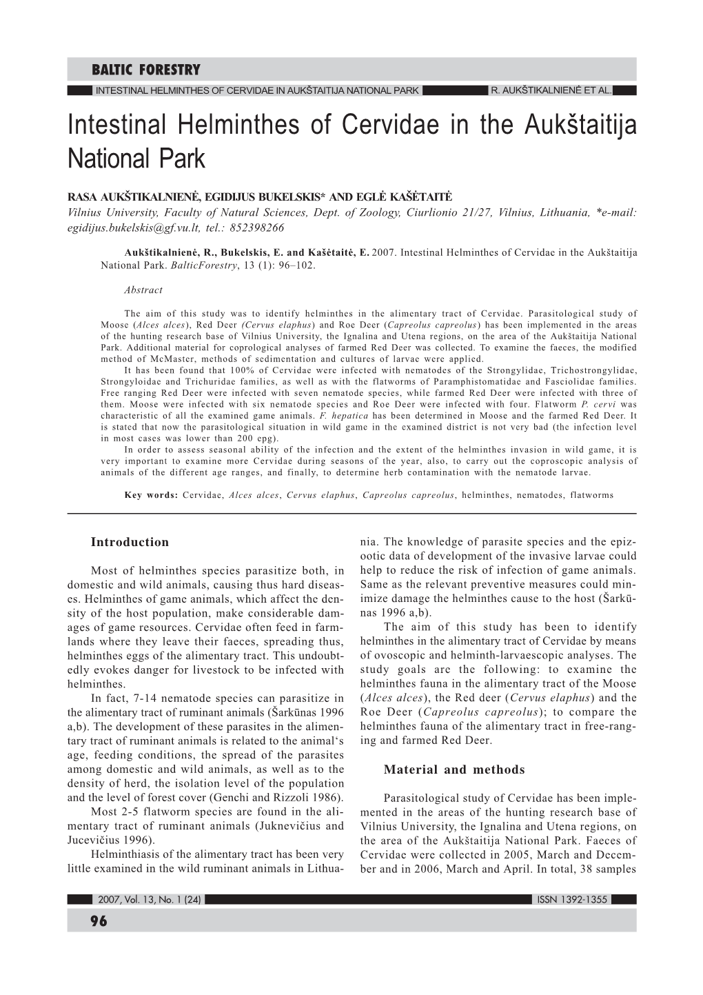 Intestinal Helminthes of Cervidae in the Aukštaitija National Park