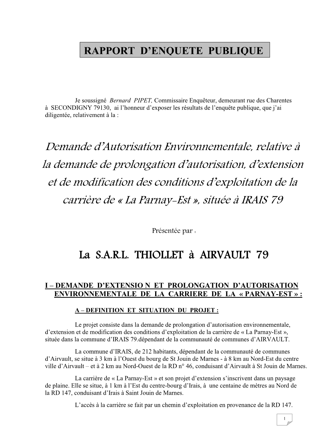 Rapport D’Enquete Publique