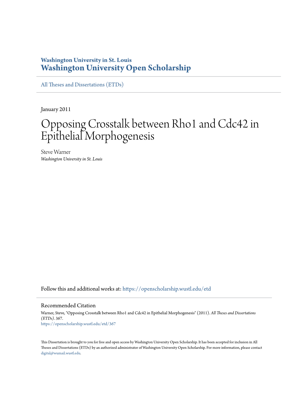 Opposing Crosstalk Between Rho1 and Cdc42 in Epithelial Morphogenesis Steve Warner Washington University in St