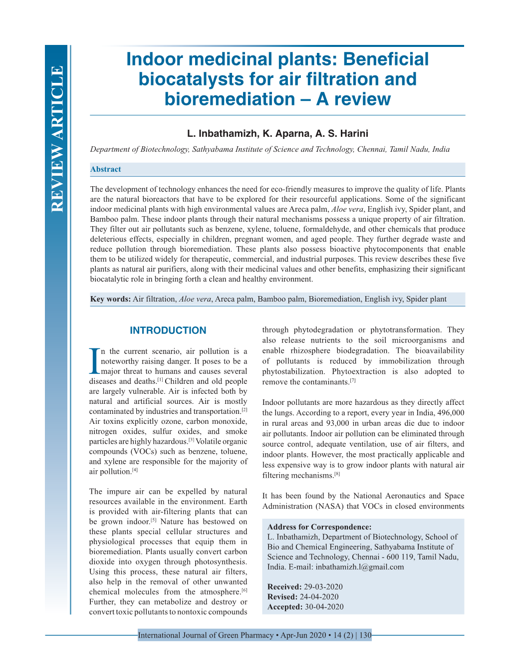 Indoor Medicinal Plants: Beneficial Biocatalysts for Air Filtration and Bioremediation – a Review
