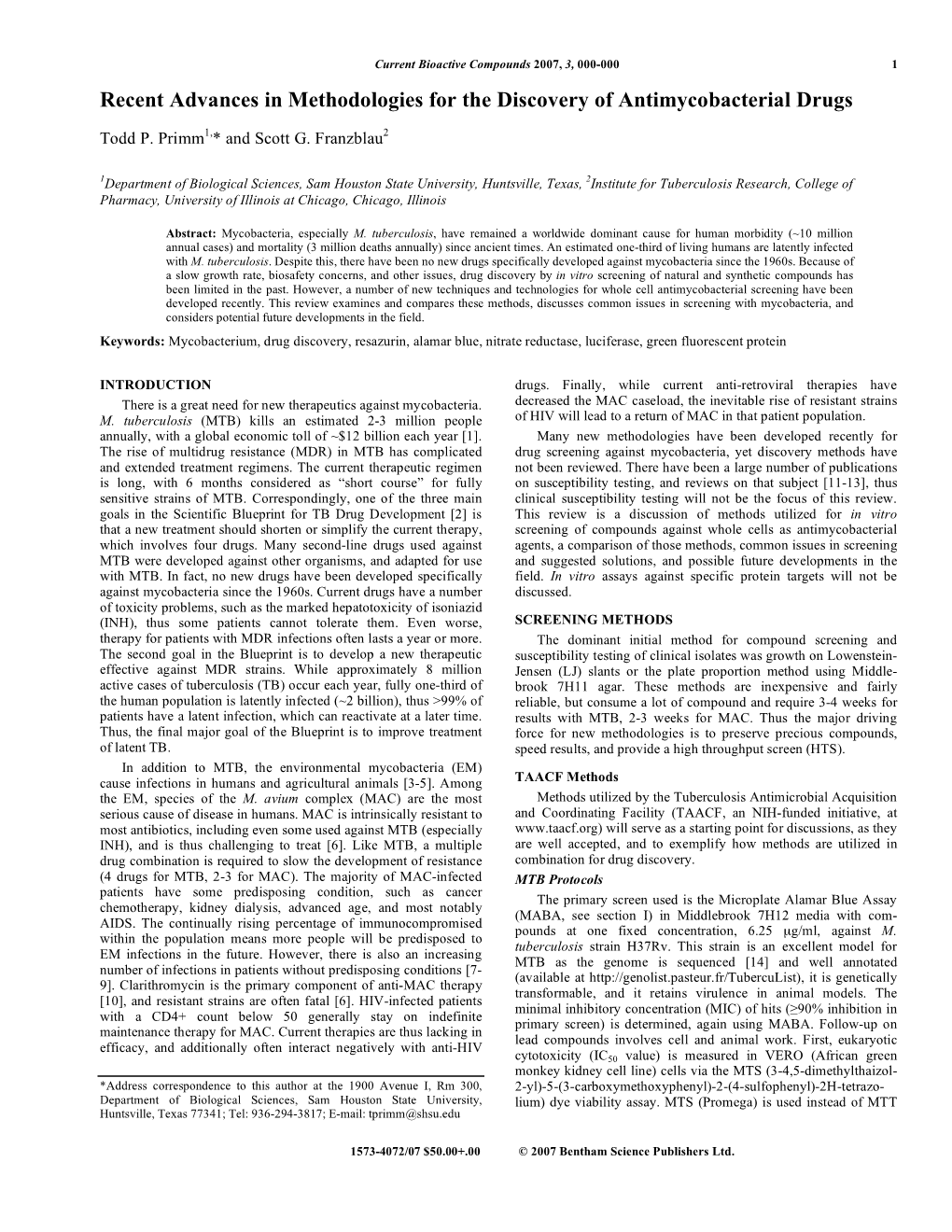 Recent Advances in Methodologies for the Discovery of Antimycobacterial Drugs