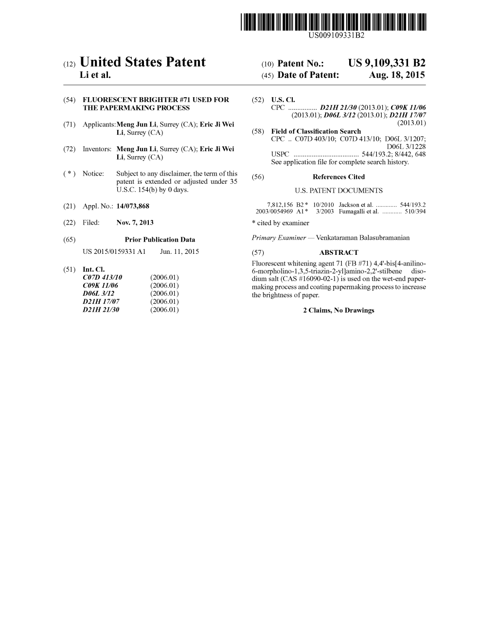 (12) United States Patent (10) Patent No.: US 9,109,331 B2 Li Et Al