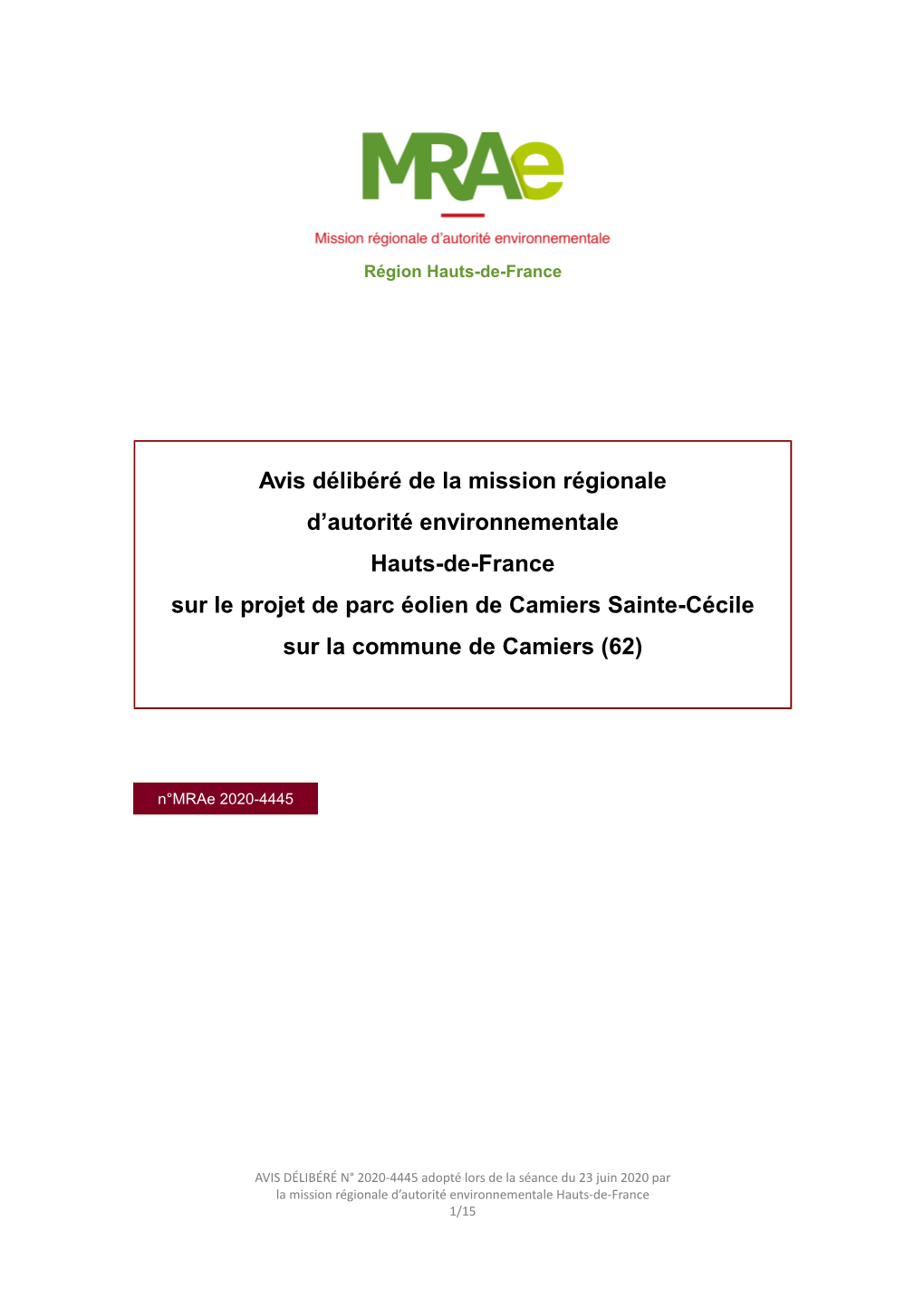 Avis Délibéré De La Mission Régionale D'autorité Environnementale Hauts