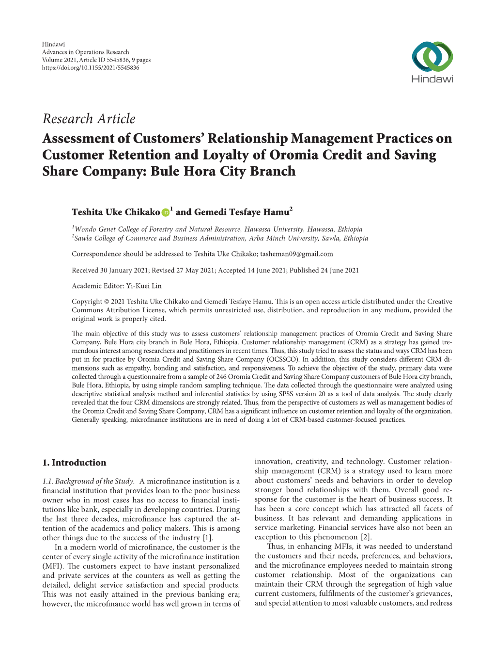 Research Article Assessment of Customers' Relationship