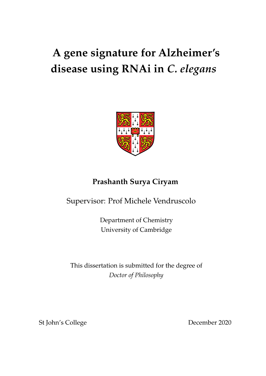 A Gene Signature for Alzheimer's Disease Using Rnai in C. Elegans