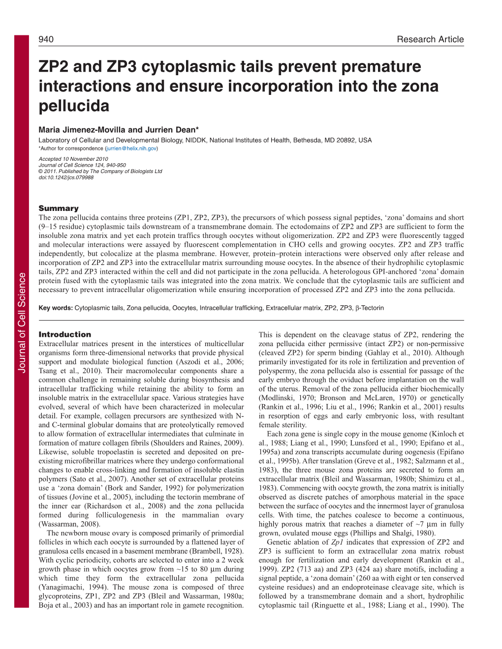 ZP2 and ZP3 Cytoplasmic Tails Prevent Premature Interactions and Ensure Incorporation Into the Zona Pellucida