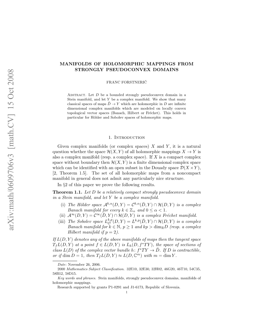 [Math.CV] 15 Oct 2008 T If Class Nasenmnfl,Adlet and Manifold, Stein a in Hoe 1.1
