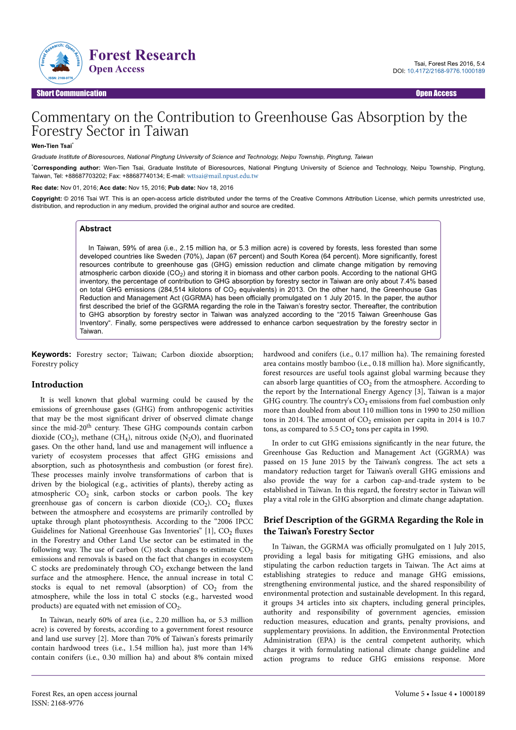Commentary on the Contribution to Greenhouse Gas Absorption by The