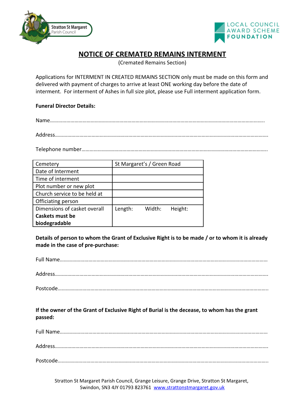 Notice of Cremated Remains Interment