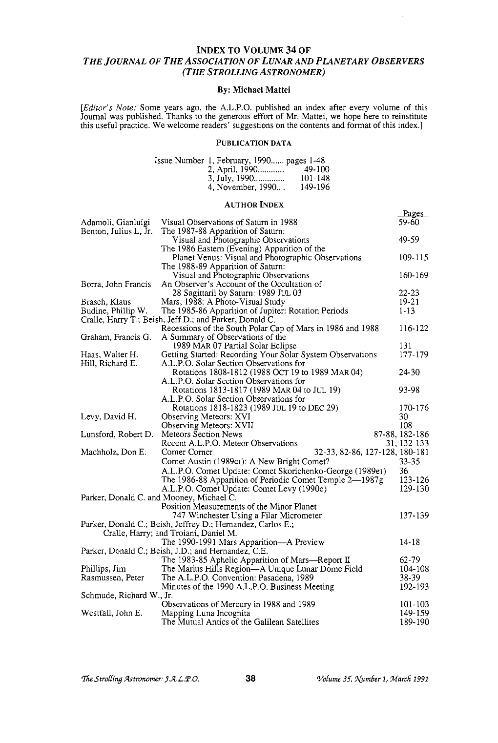 THE Journal of the ASSOCIATION of LUNAR and PLANETARY OBSERVERS (THE STROLLING ASTRONOMER)