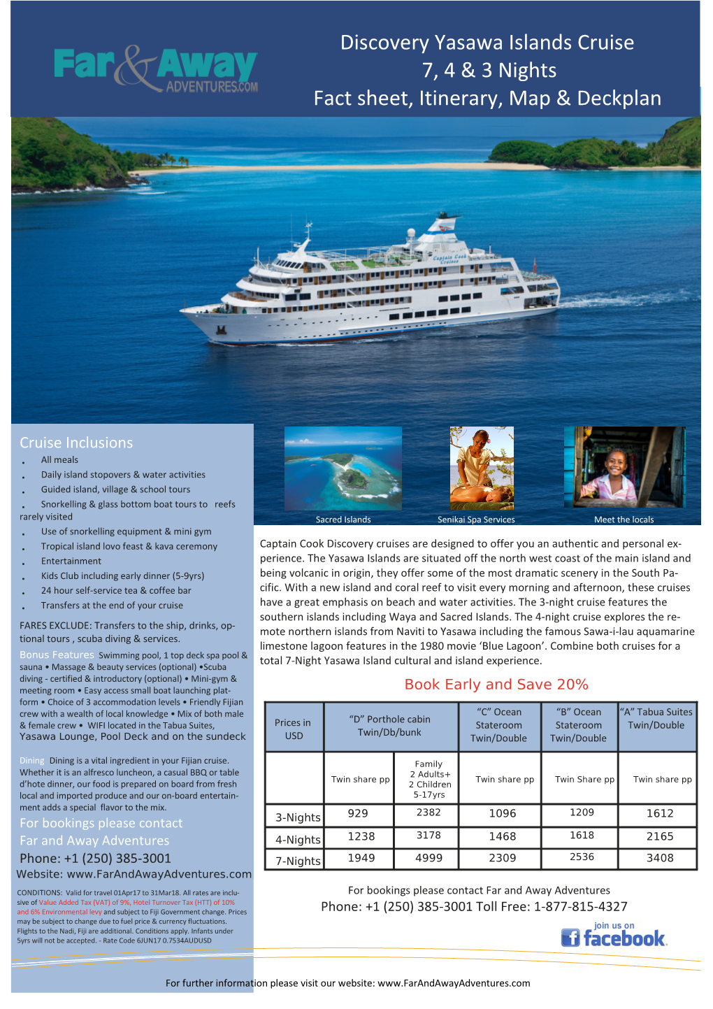 Discovery Yasawa Islands Cruise 7, 4 & 3 Nights Fact Sheet, Itinerary, Map