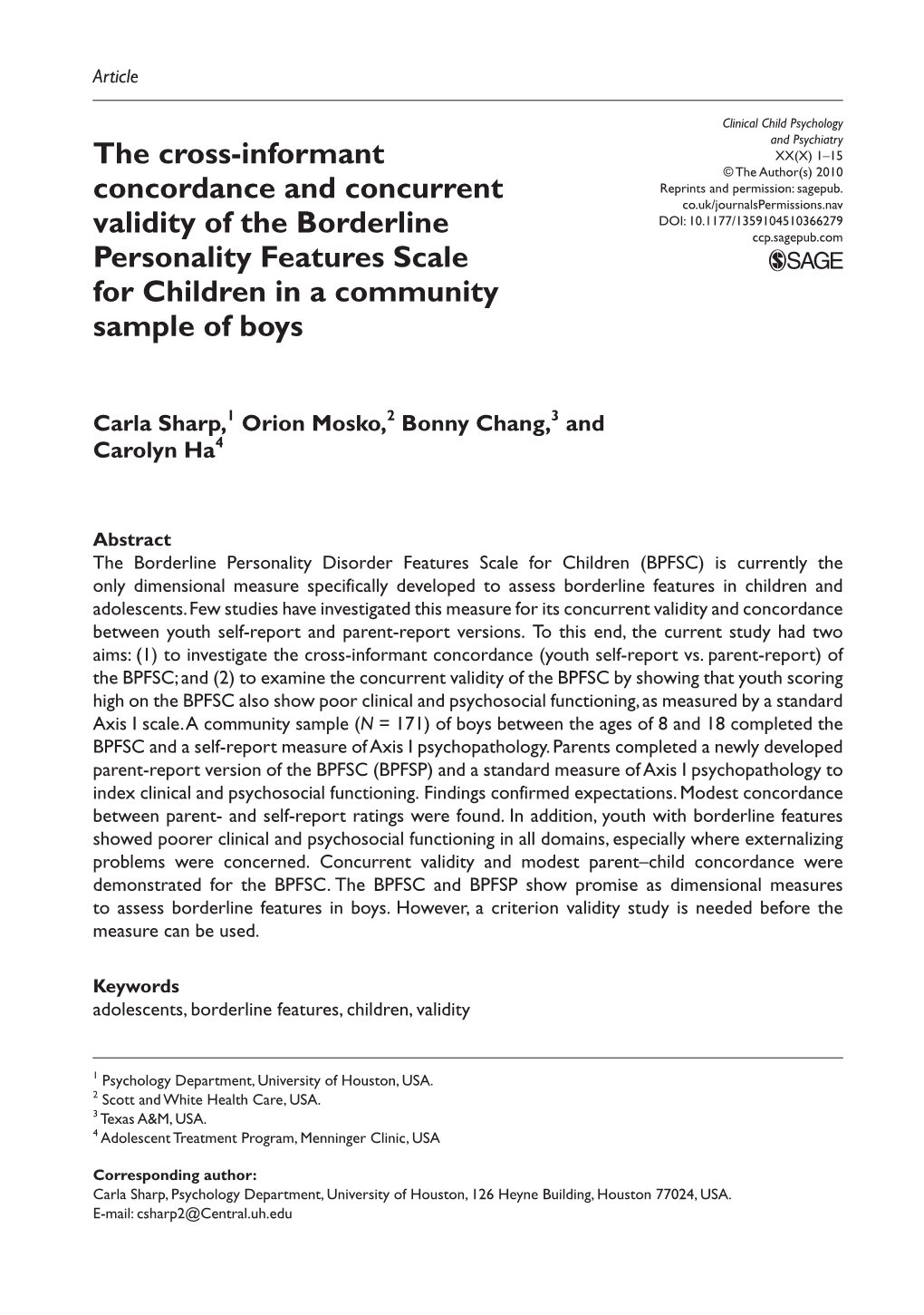 The Cross-Informant Concordance and Concurrent Validity of the Borderline