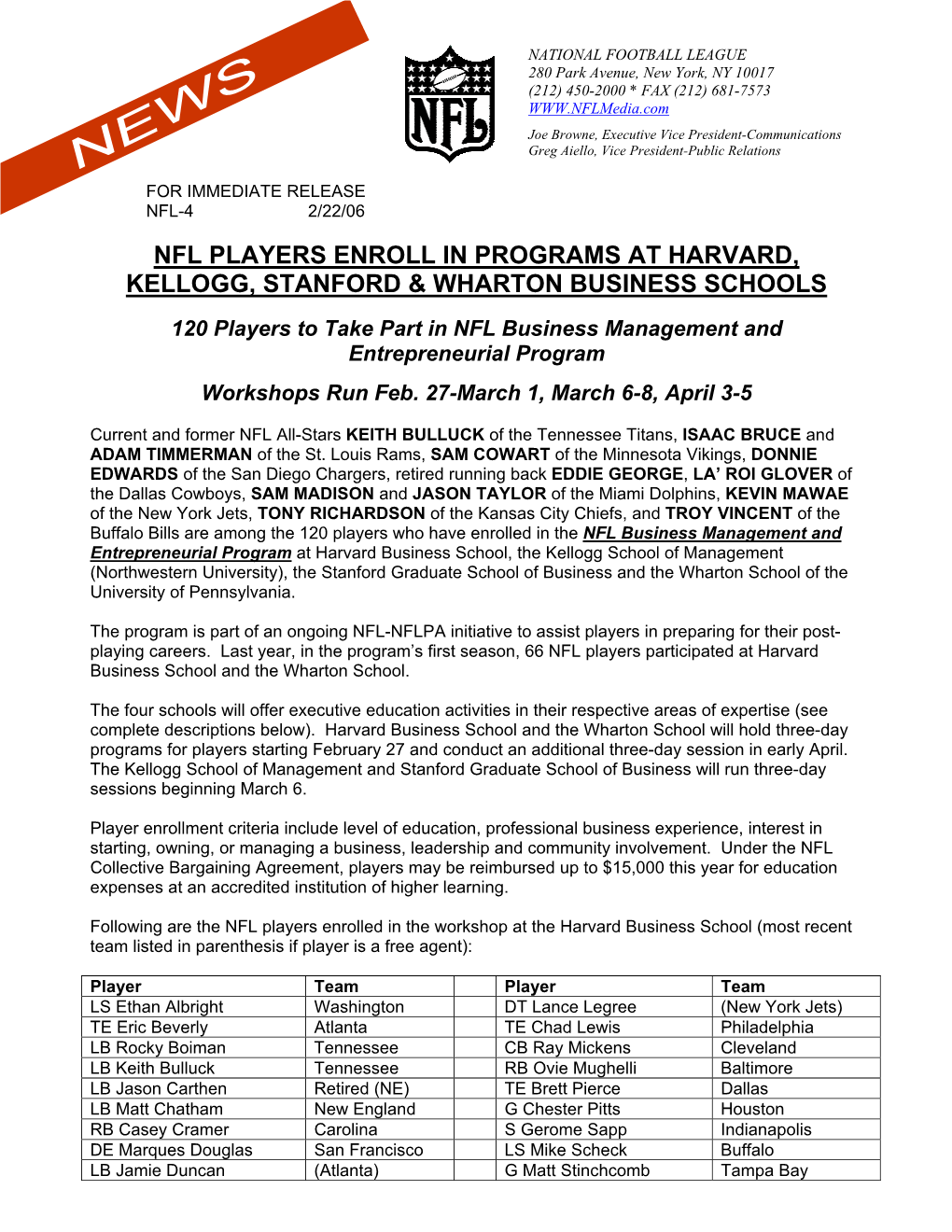 Nfl Players Enroll in Programs at Harvard, Kellogg, Stanford & Wharton Business Schools