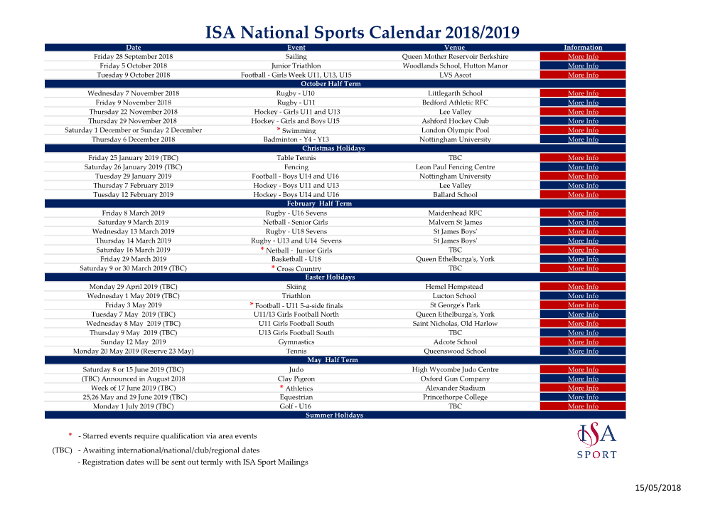 ISA National Sports Calendar 2018/2019