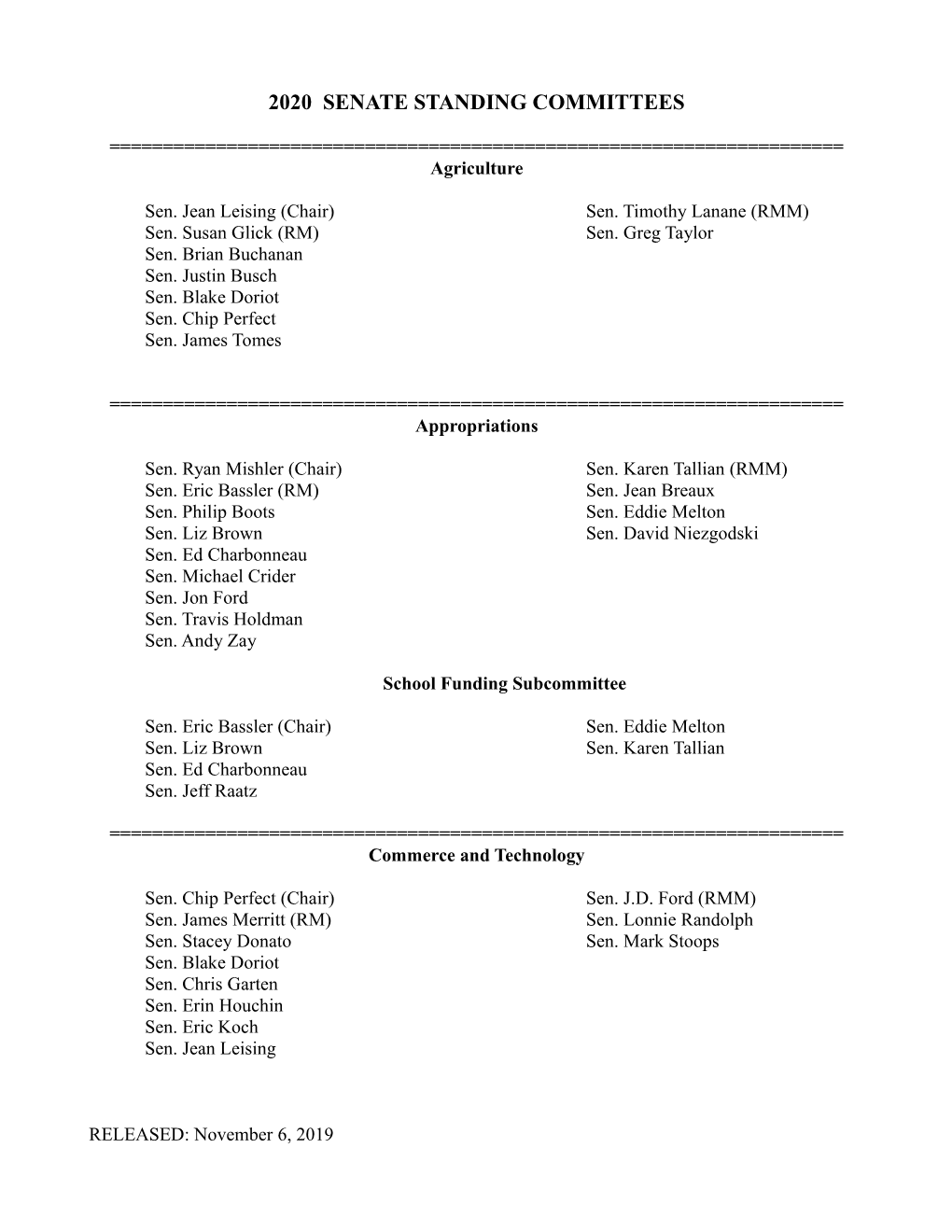 2020 Senate Standing Committees