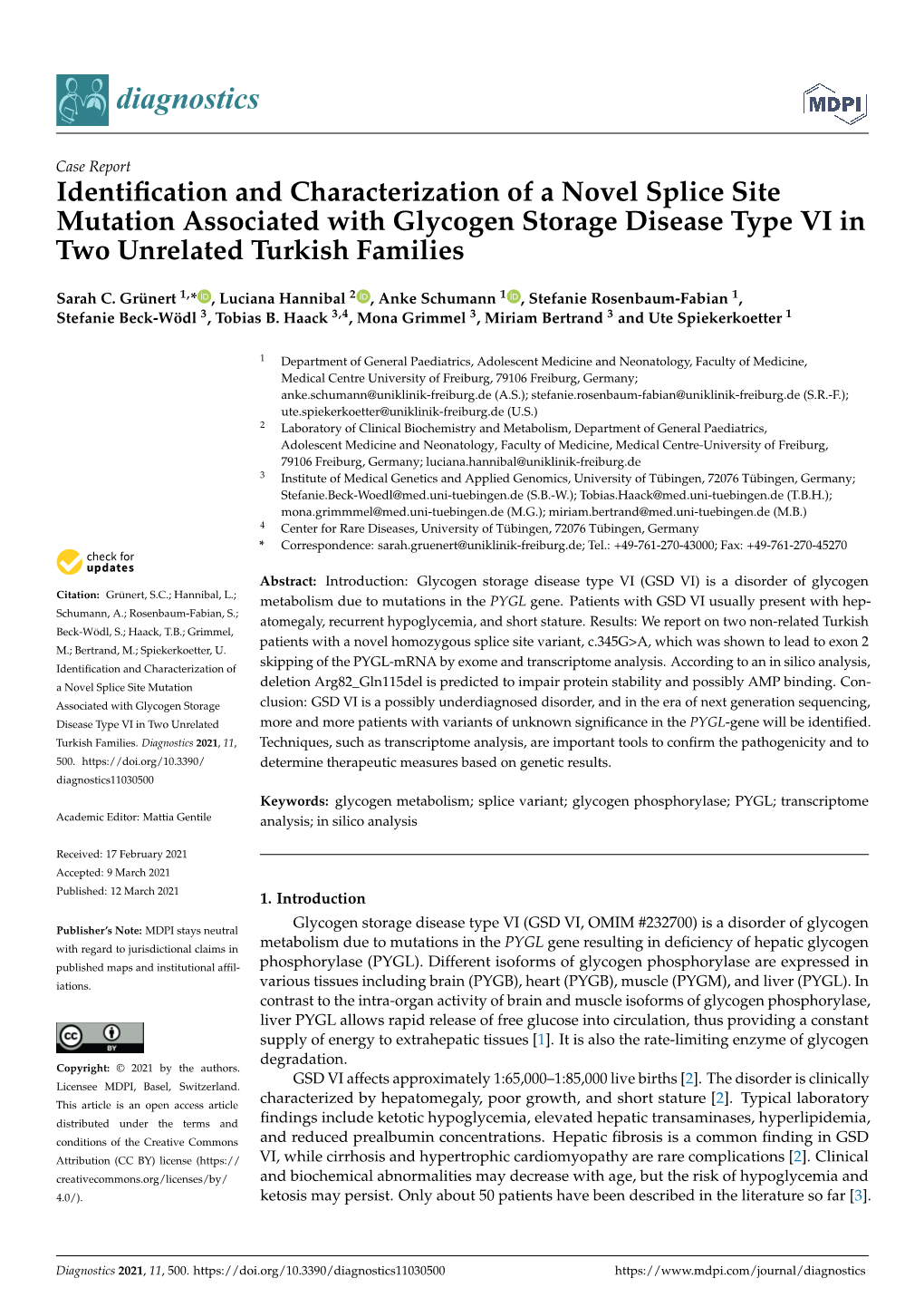 Identification and Characterization of a Novel Splice Site Mutation Associated with Glycogen Storage Disease Type VI in Two Unre