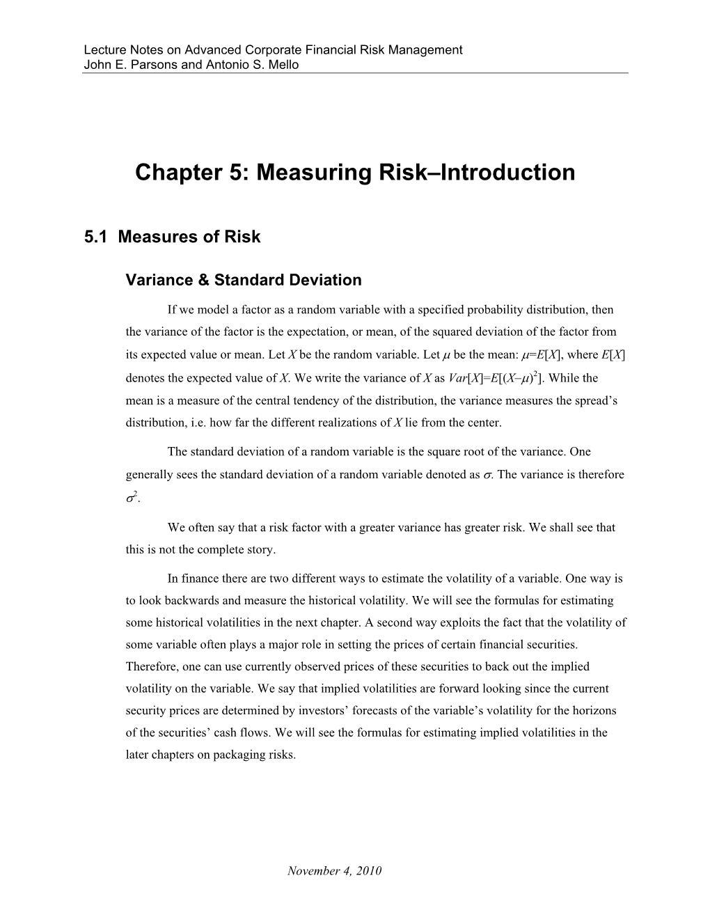 Chapter 5: Measuring Risk–Introduction