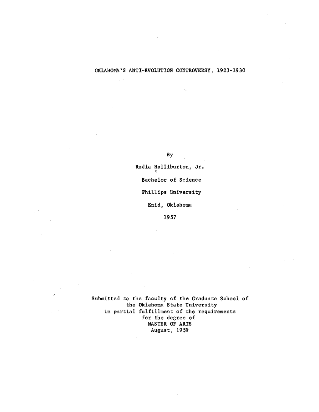 OKLAHOMA0S ANTI-EVOLUTION CONTROVERSY, 1923-1930 By