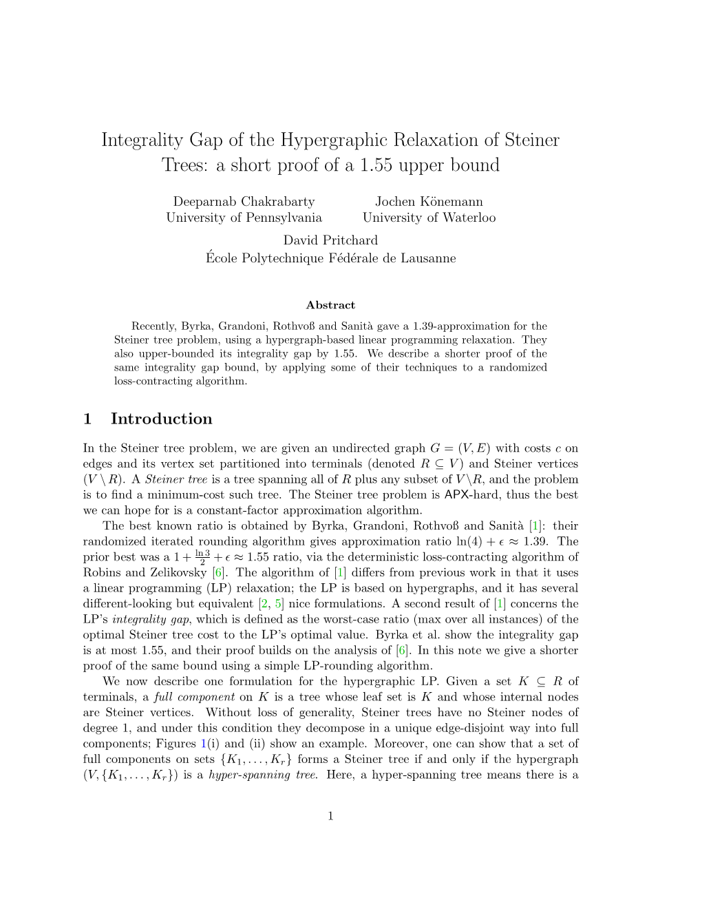 Integrality Gap of the Hypergraphic Relaxation of Steiner Trees: a Short Proof of a 1.55 Upper Bound