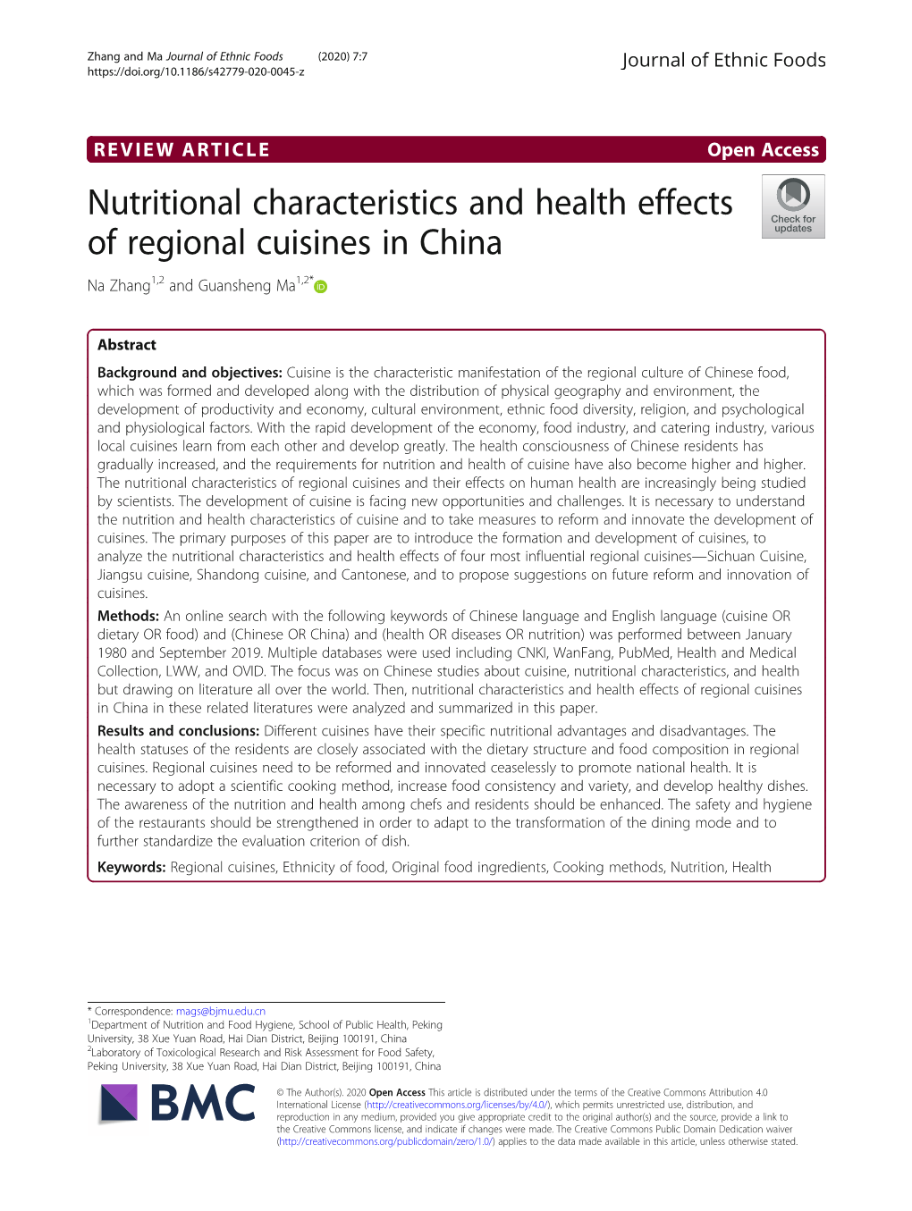 Nutritional Characteristics and Health Effects of Regional Cuisines in China Na Zhang1,2 and Guansheng Ma1,2*