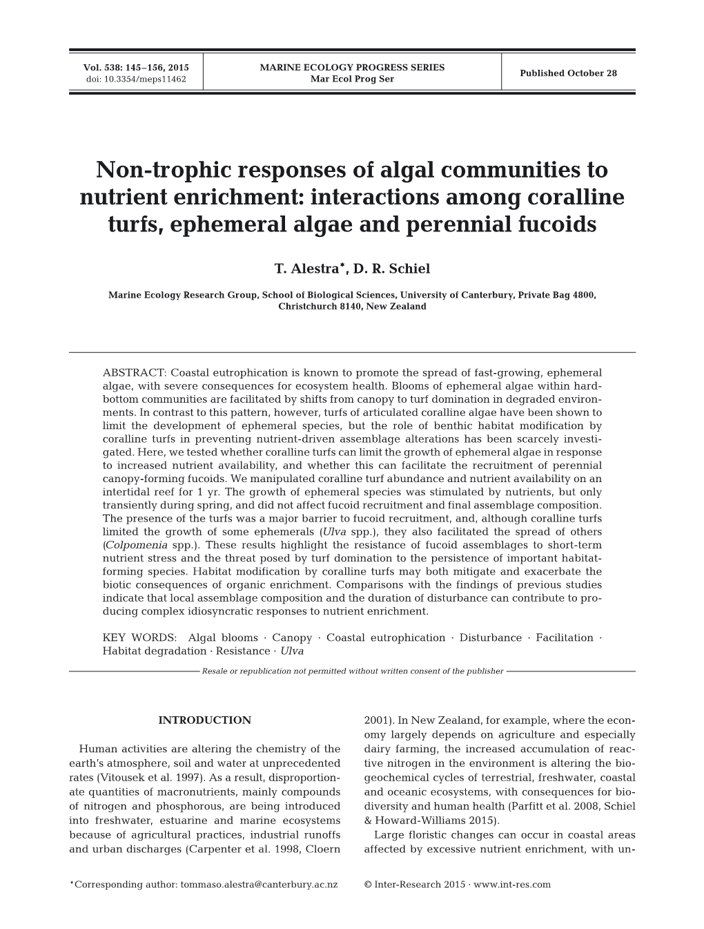 Non-Trophic Responses of Algal Communities to Nutrient Enrichment: Interactions Among Coralline Turfs, Ephemeral Algae and Perennial Fucoids