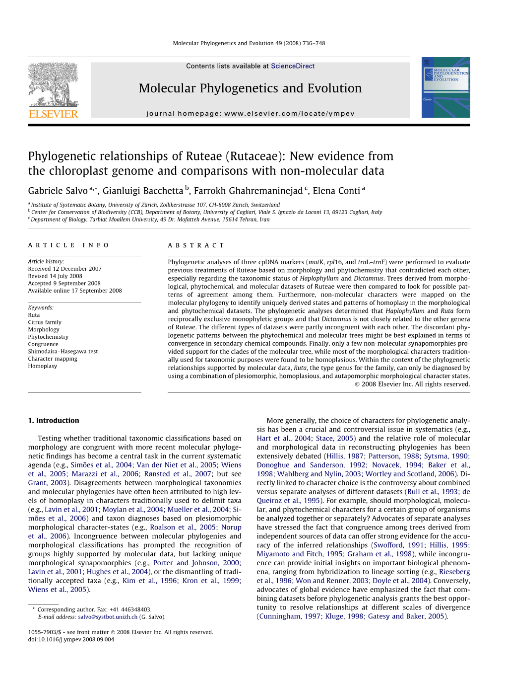 Phylogenetic Relationships of Ruteae (Rutaceae): New Evidence from the Chloroplast Genome and Comparisons with Non-Molecular Data