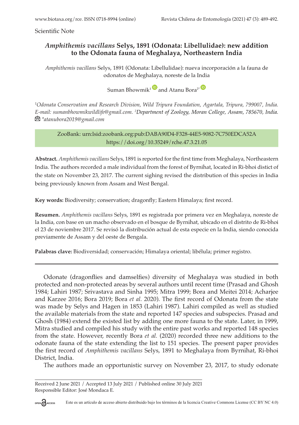 Amphithemis Vacillans Selys, 1891 (Odonata: Libellulidae): New Addition to the Odonata Fauna of Meghalaya, Northeastern India