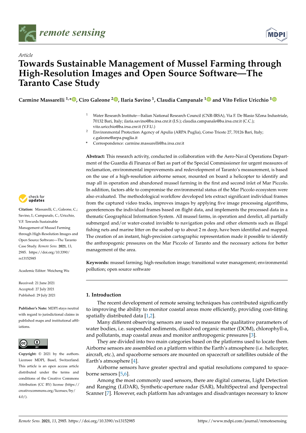 Towards Sustainable Management of Mussel Farming Through High-Resolution Images and Open Source Software—The Taranto Case Study