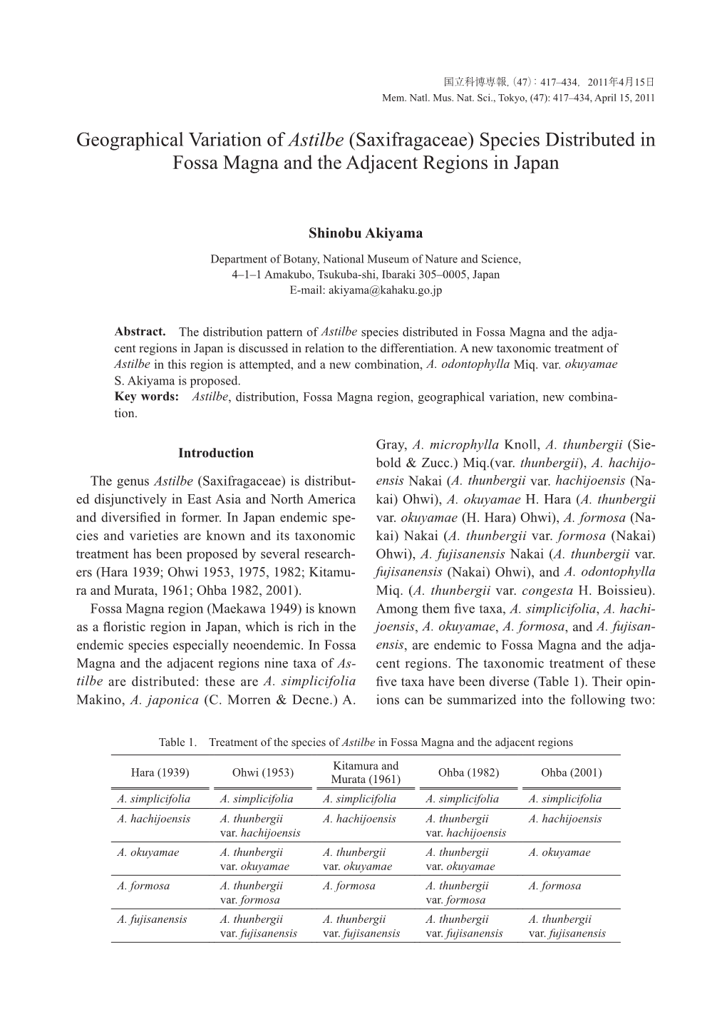 Geographical Variation of Astilbe (Saxifragaceae) Species Distributed in Fossa Magna and the Adjacent Regions in Japan