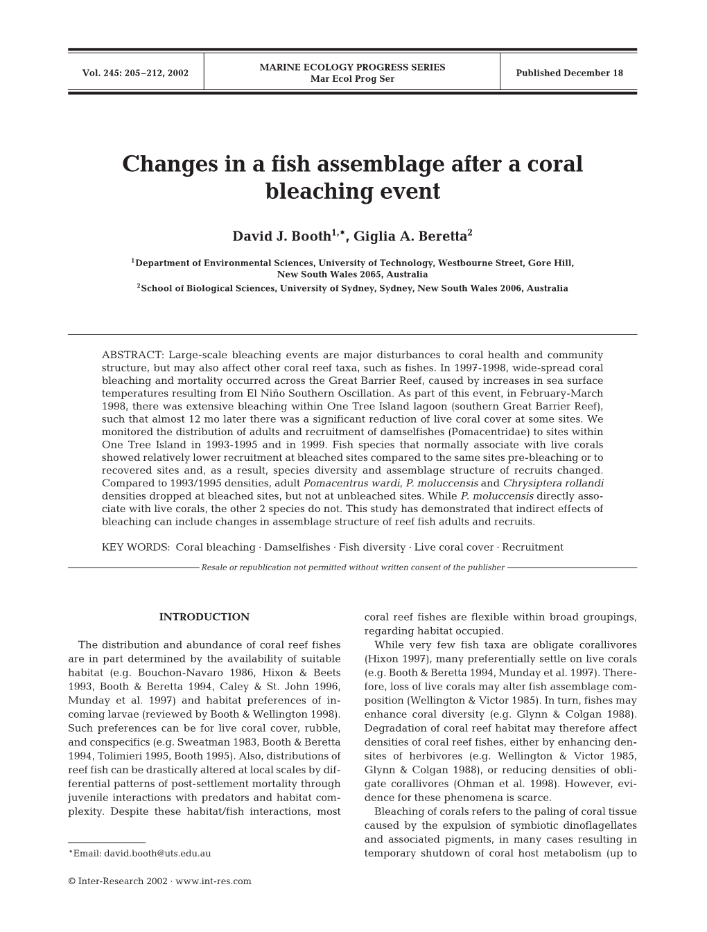 Changes in a Fish Assemblage After a Coral Bleaching Event