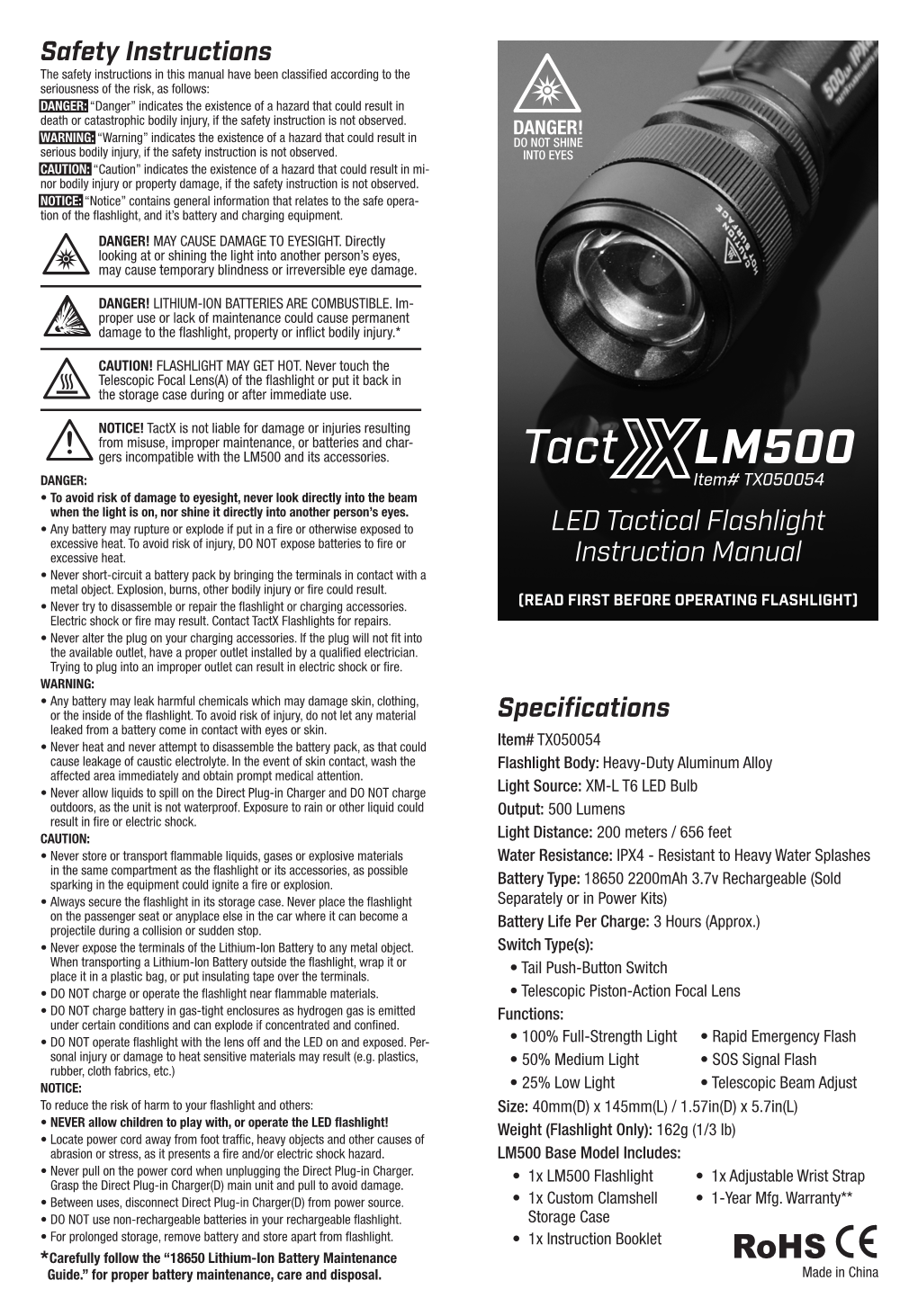 Specifications Safety Instructions LED Tactical Flashlight Instruction Manual