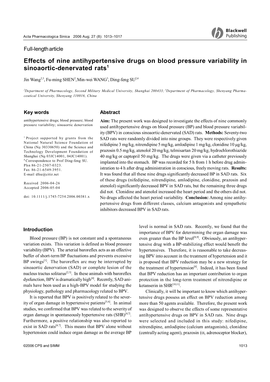 Effects of Nine Antihypertensive Drugs on Blood Pressure Variability in Sinoaortic-Denervated Rats1