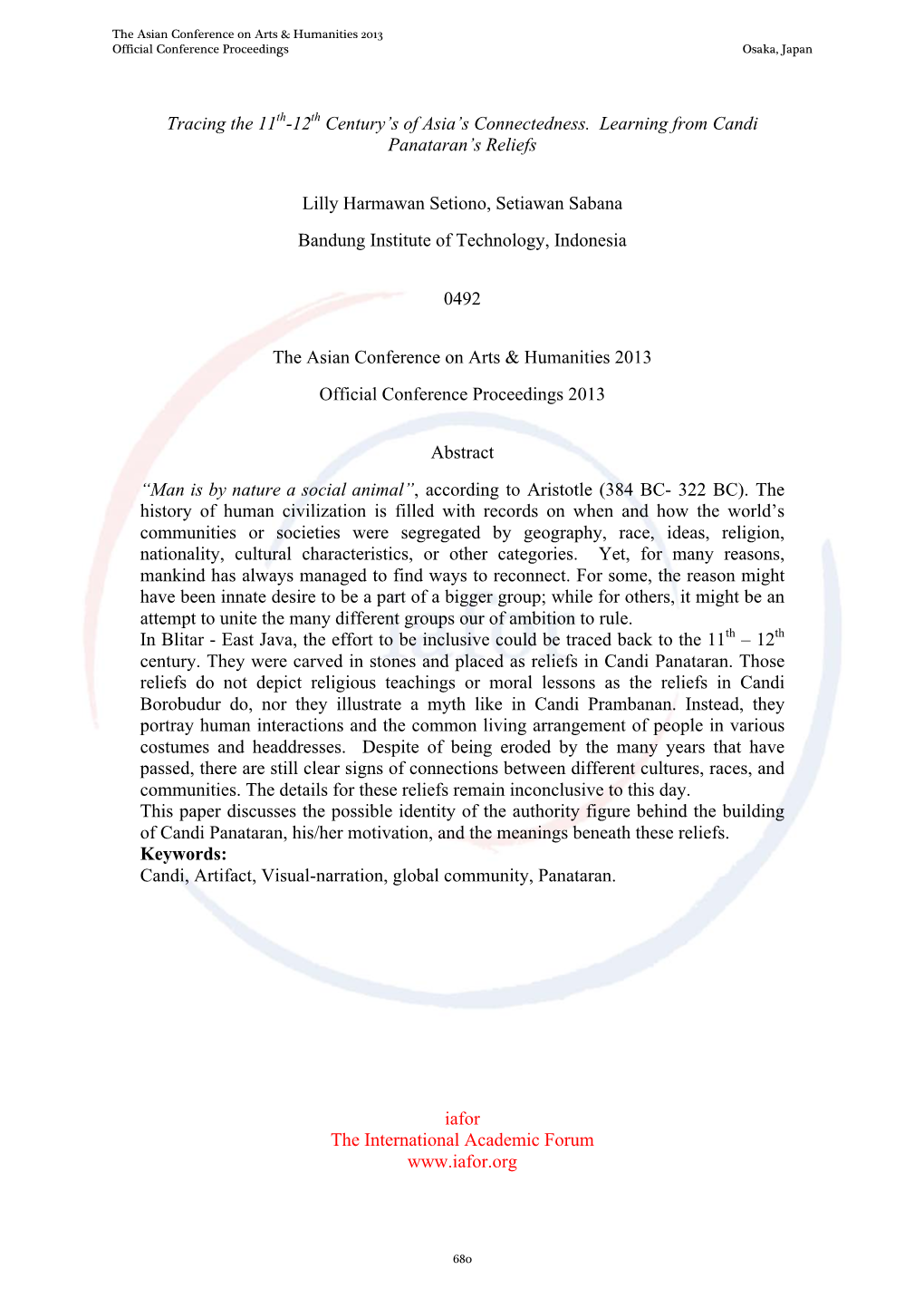 Tracing the 11Th-12Th Century's of Asia's Connectedness. Learning from Candi Panataran's Reliefs Lilly Harmawan Setiono
