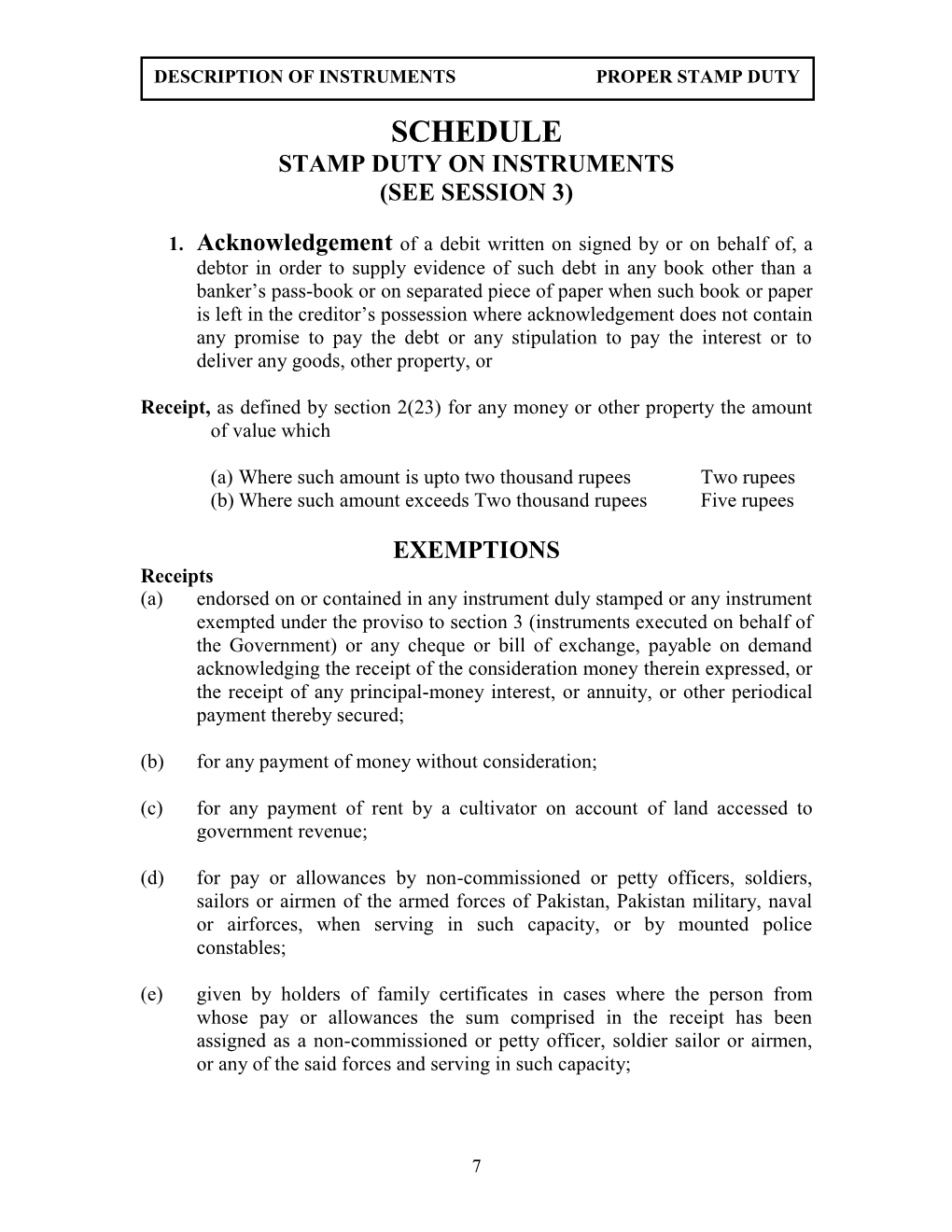 Schedule Stamp Duty on Instruments (See Session 3)