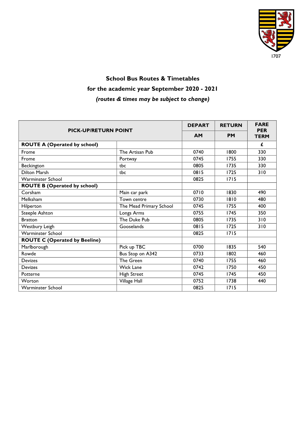 School Bus Routes & Timetables for the Academic