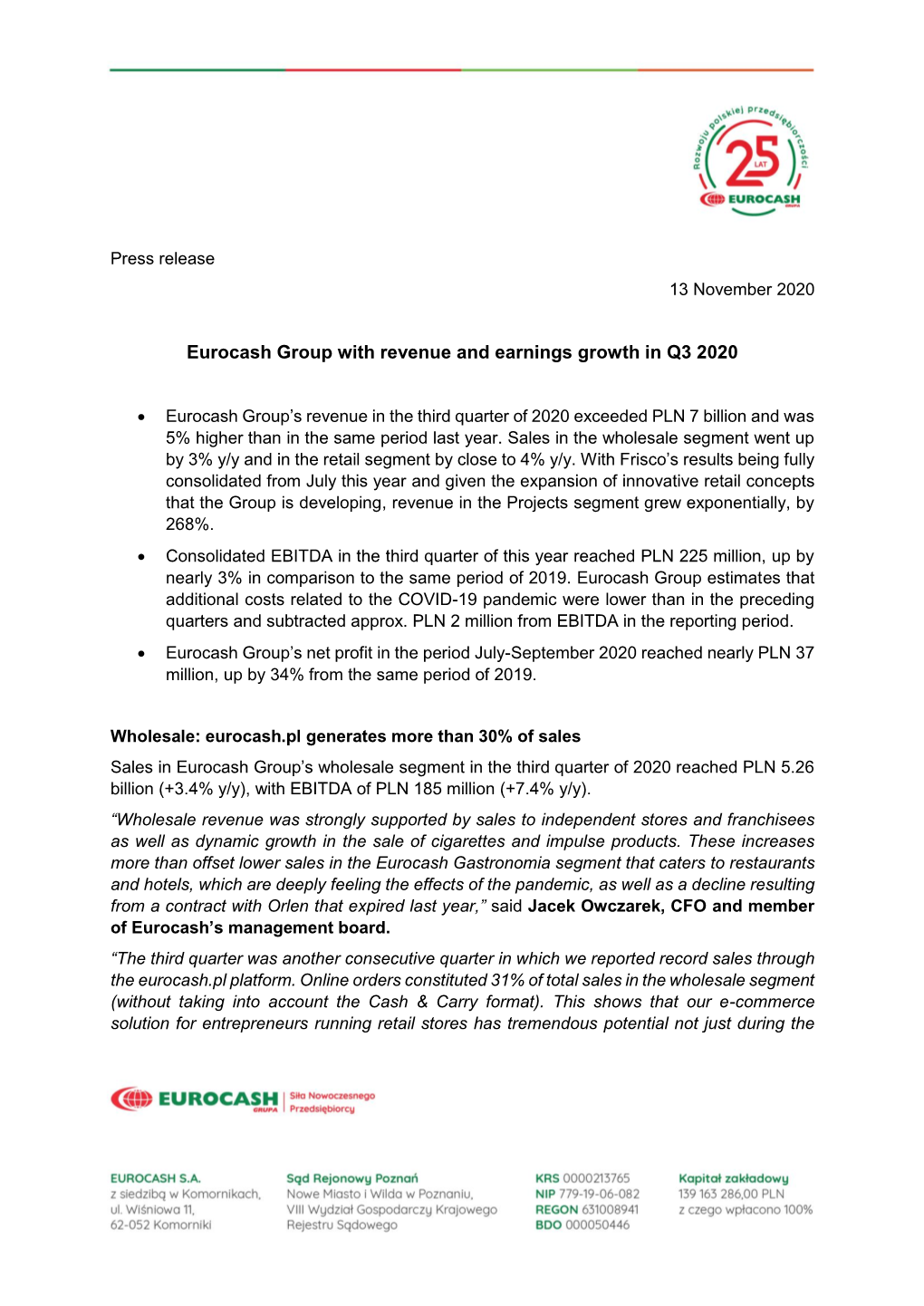 Eurocash Group with Revenue and Earnings Growth in Q3 2020
