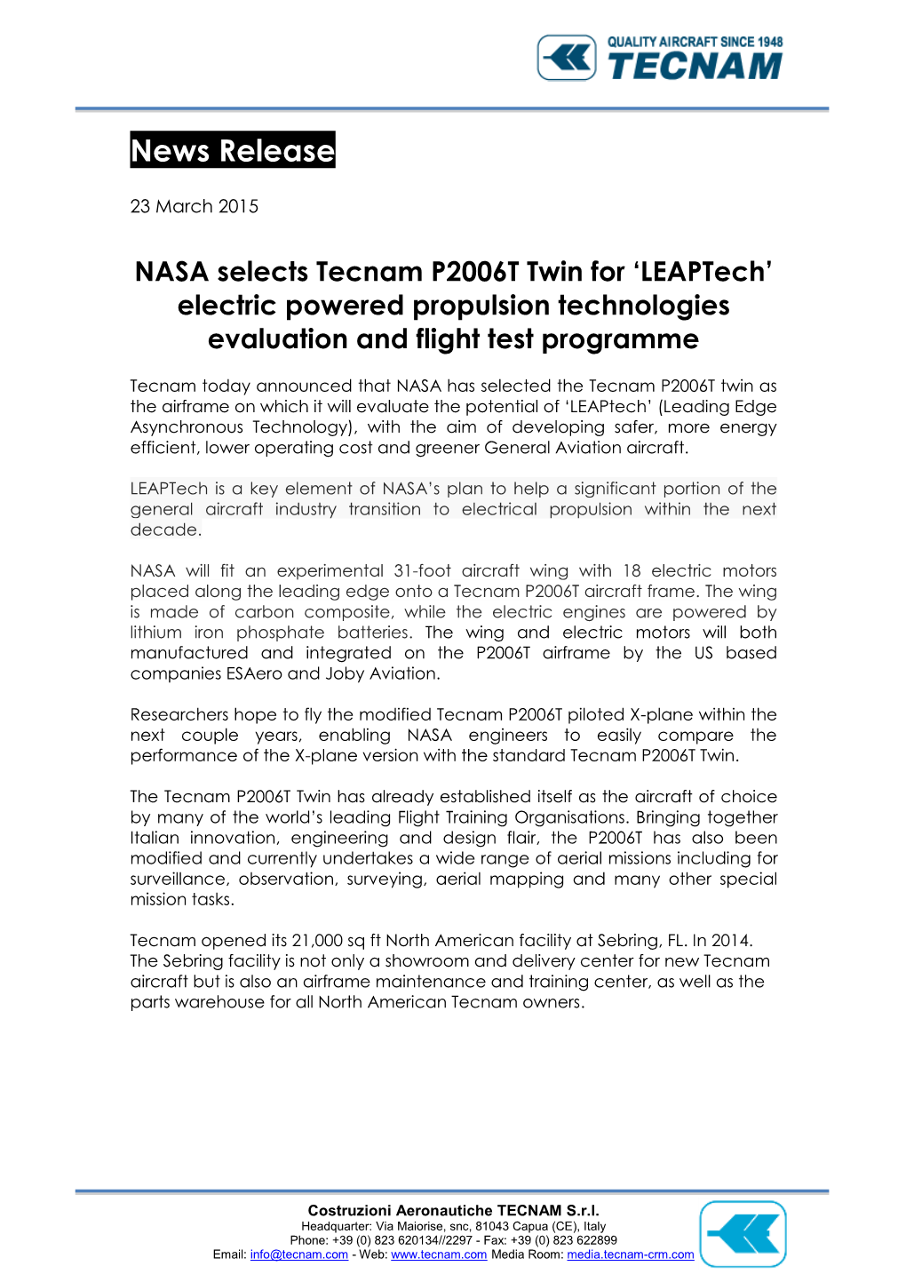 NASA Selects Tecnam P2006T Twin for 'Leaptech'
