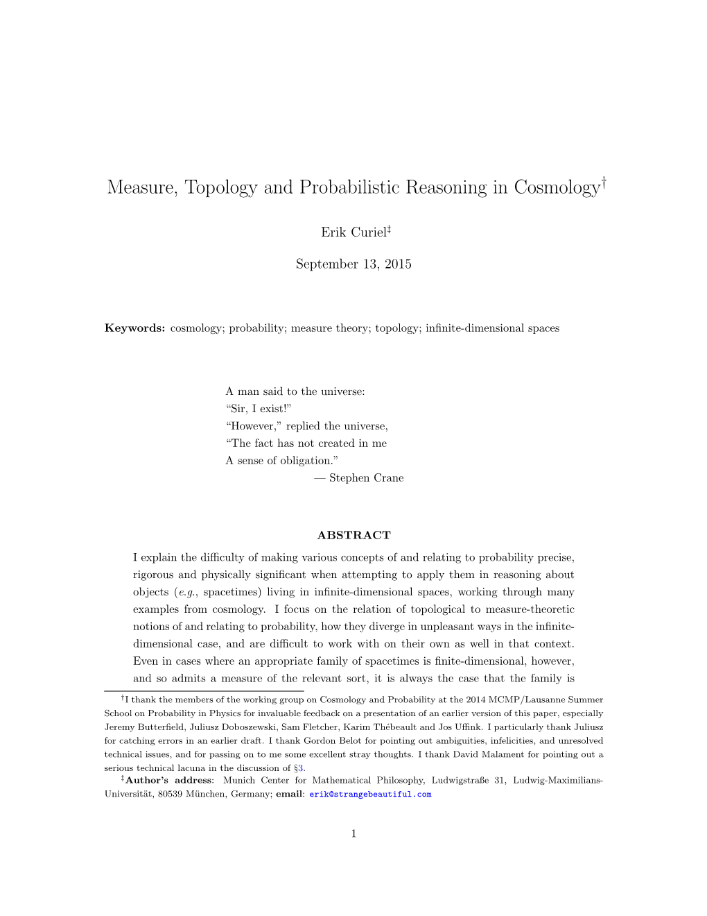 Measure, Topology and Probabilistic Reasoning in Cosmology†