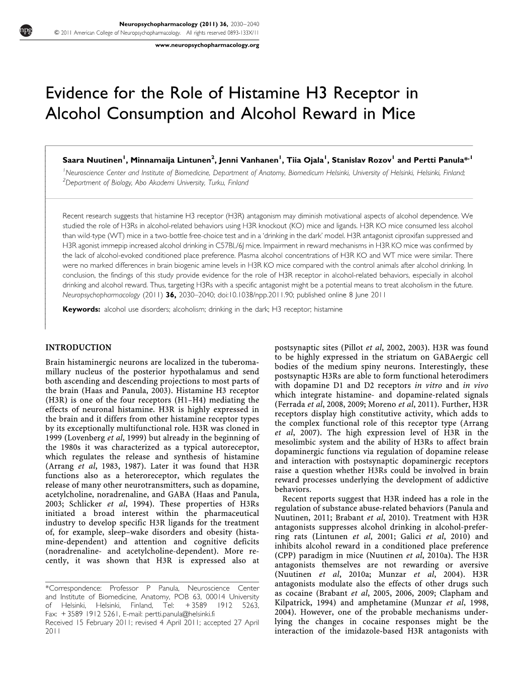 Evidence for the Role of Histamine H3 Receptor in Alcohol Consumption and Alcohol Reward in Mice